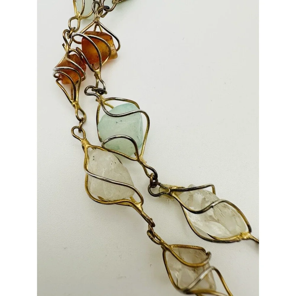 Vintage Beaded Necklace Caged Polished Gemstone Gold Tone 30”semiprecious Wire